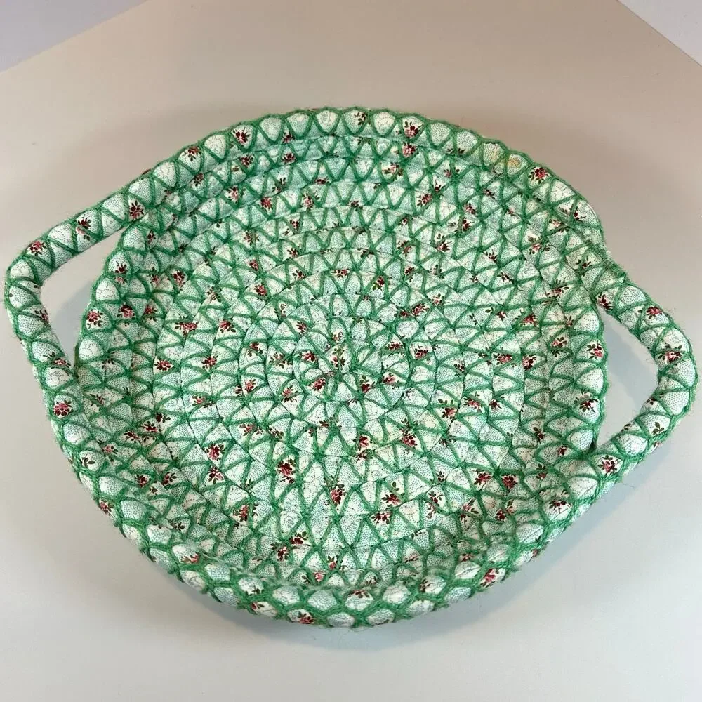 Woven Coiled Fabric Bread Bun Basket Handles Green Floral Rustic Shabby Chic